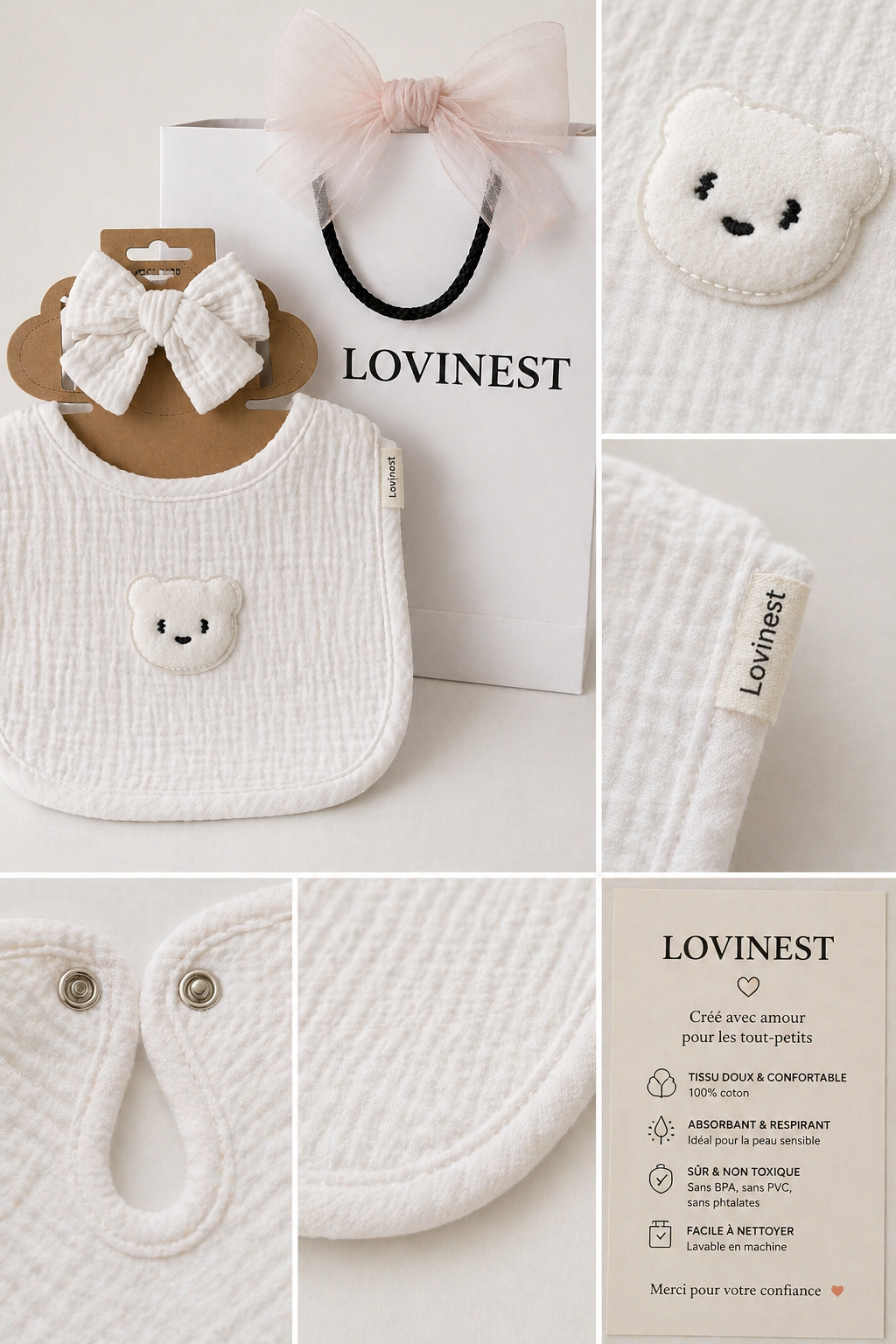 Bavoir bébé blanc gaze de coton ourson & bandeau assorti -Lovinest