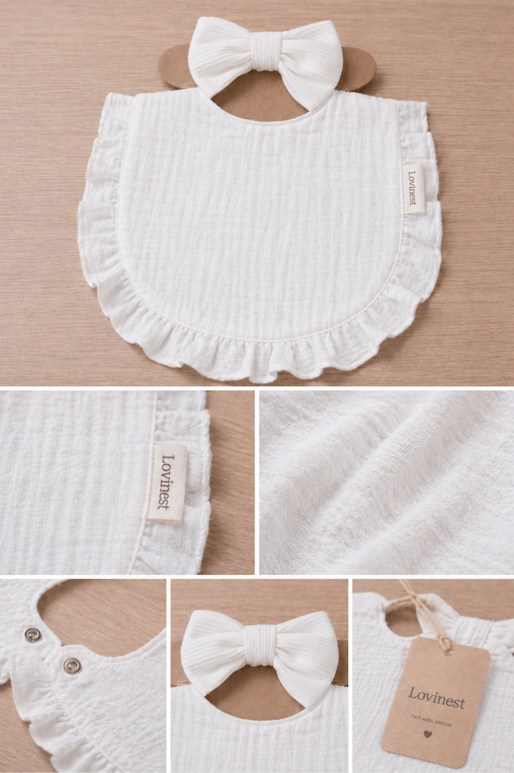 Bavoir bébé gaze de coton blanc – bandeau nœud assorti