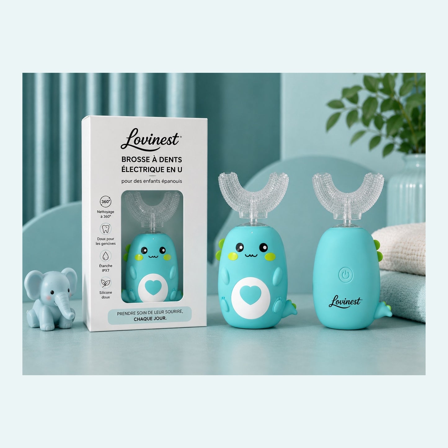 Brosse à dents électrique enfant 360 dinosaure bleu -Lovinest