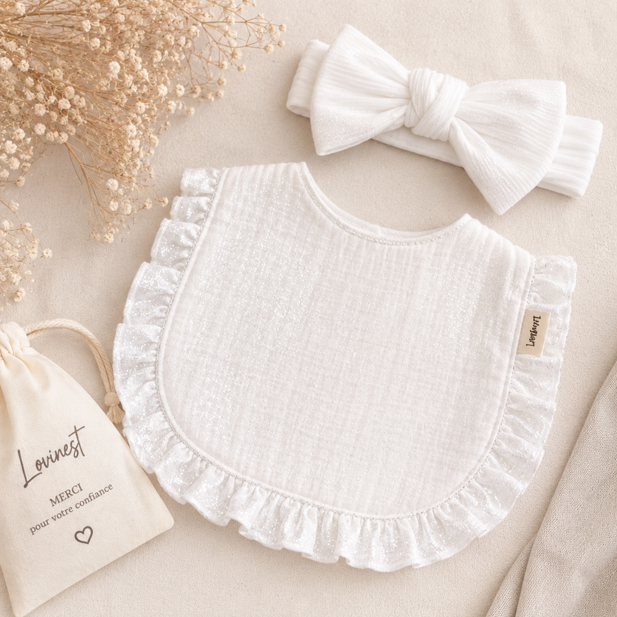 Bavoir bébé gaze de coton blanc – bandeau nœud assorti