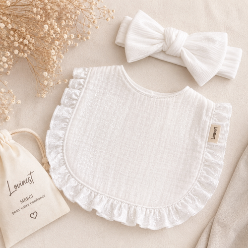 Bavoir bébé gaze de coton blanc – bandeau nœud assorti