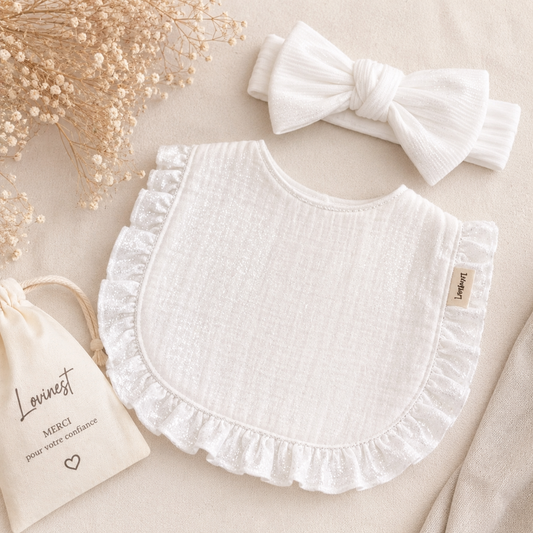 Bavoir bébé gaze de coton blanc – bandeau nœud assorti