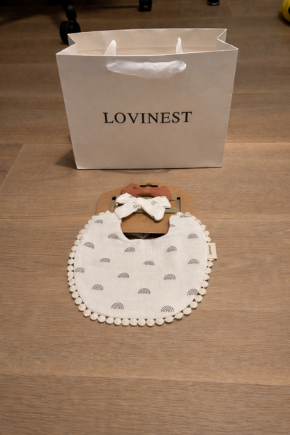 Bavoir bébé écru motif arc-en-ciel & bandeau assorti -Lovinest