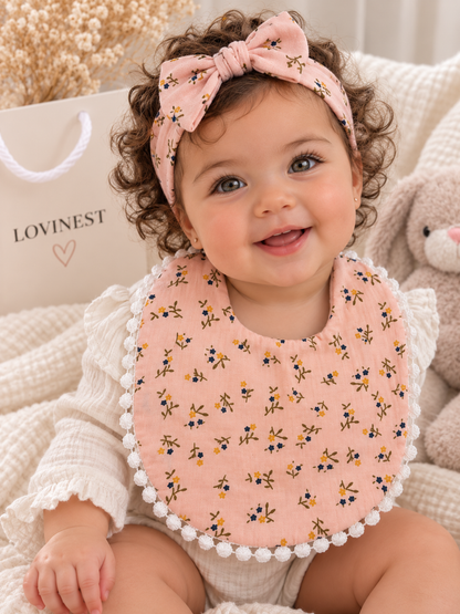 Bavoir bébé gaze de coton terracotta fleurs – bandeau assorti
