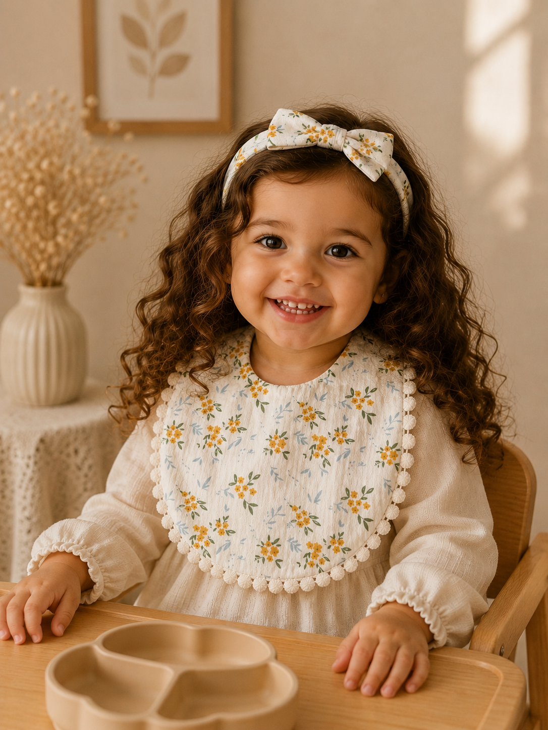 Bavoir bébé gaze de coton fleurs jaunes – bandeau nœud assorti