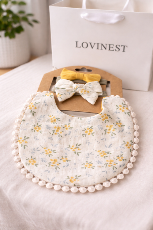 Bavoir bébé fleurs jaunes & bandeau noeud assorti -Lovinest