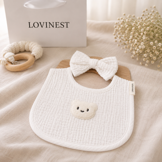 Bavoir bébé blanc gaze de coton ourson & bandeau assorti -Lovinest