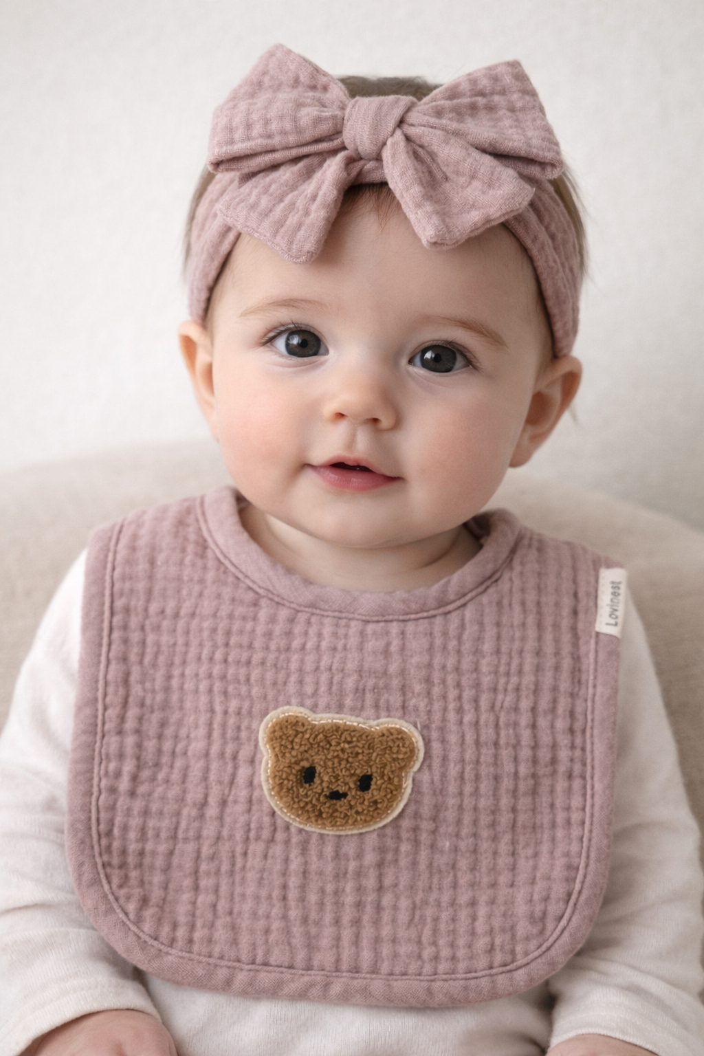 Bavoir bébé gaze de coton rose ourson – bandeau assorti