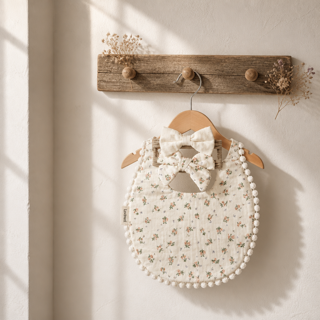 Bavoir bébé gaze de coton à motif floral délicat– bandeau nœud assorti