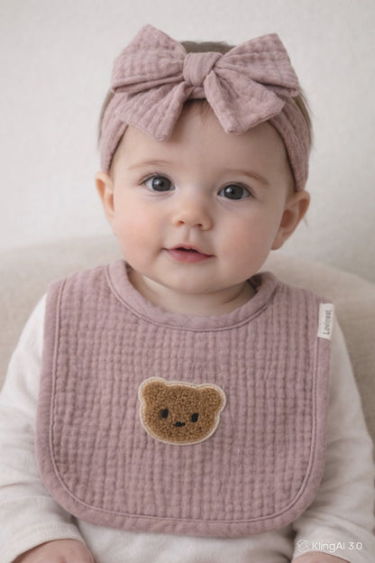 Bavoir bébé gaze de coton rose ourson – bandeau assorti
