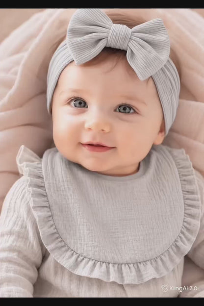 Bavoir bébé gaze de coton gris – bandeau nœud assorti