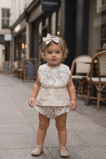 Bavoir bébé blanc motif floral gris & bandeau assorti -Lovinest