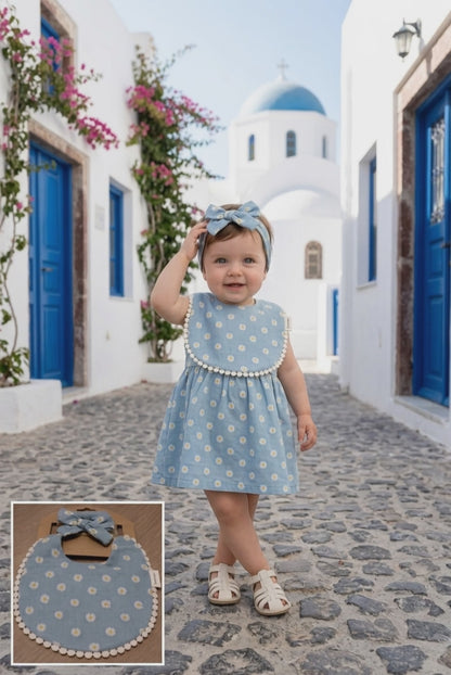 Bavoir bébé bleu marguerites bordure pompom & bandeau assorti -Lovinest