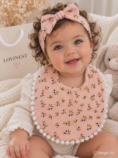 Bavoir bébé gaze de coton terracotta fleurs – bandeau assorti