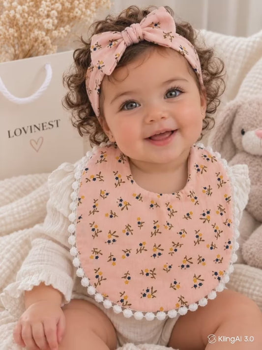 Bavoir bébé gaze de coton terracotta fleurs – bandeau assorti