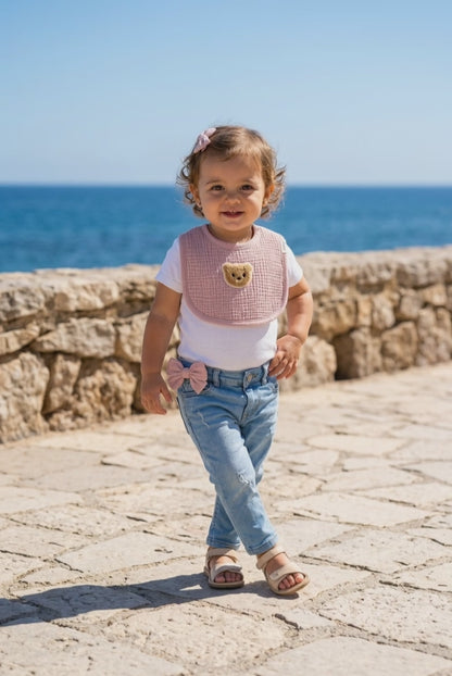 Bavoir bébé rose gaze de coton ourson & bandeau assorti -Lovinest