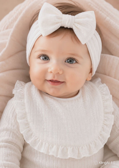 Bavoir bébé gaze de coton blanc – bandeau nœud assorti