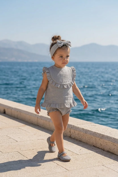 Bavoir bébé gris gaze de coton & bandeau noeud assorti -Lovinest