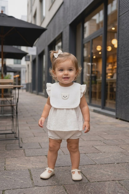 Bavoir bébé blanc gaze de coton ourson & bandeau assorti -Lovinest