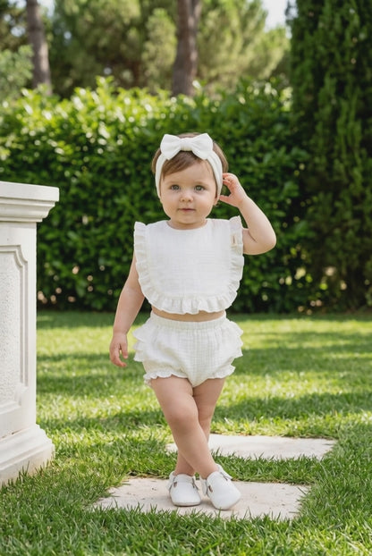 Bavoir bébé blanc gaze de coton & bandeau noeud assorti -Lovinest
