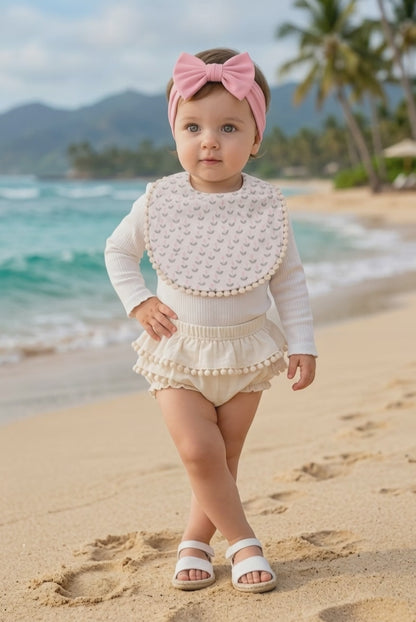 Bavoir bébé blanc et tulipes & bandeau noeud assorti-Lovinest